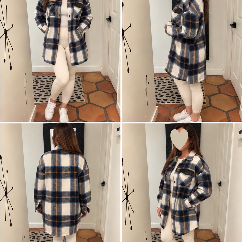SHEIN Cream and Navy Plaid Oversized Shacket